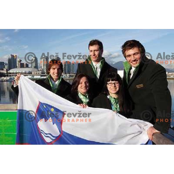 Gregor Urbas, Rok Rogelj, Filip Flisar, Sasa Faric, Nina Bednarik during official ceremony "Raising the flag" in Olympic village at 2010 Winter Olympic games in Vancouver, Canada 9.2.2010 