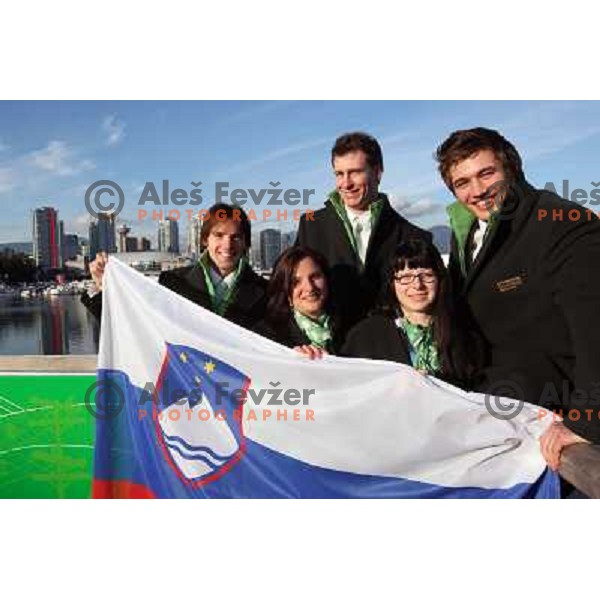 Gregor Urbas, Rok Rogelj, Filip Flisar, Sasa Faric, Nina Bednarik during official ceremony "Raising the flag" in Olympic village at 2010 Winter Olympic games in Vancouver, Canada 9.2.2010 