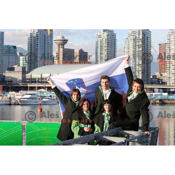 Gregor Urbas, Rok Rogelj, Filip Flisar, Sasa Faric, Nina Bedanrik during official ceremony "Raising the flag" in Olympic village at 2010 Winter Olympic games in Vancouver, Canada 9.2.2010 