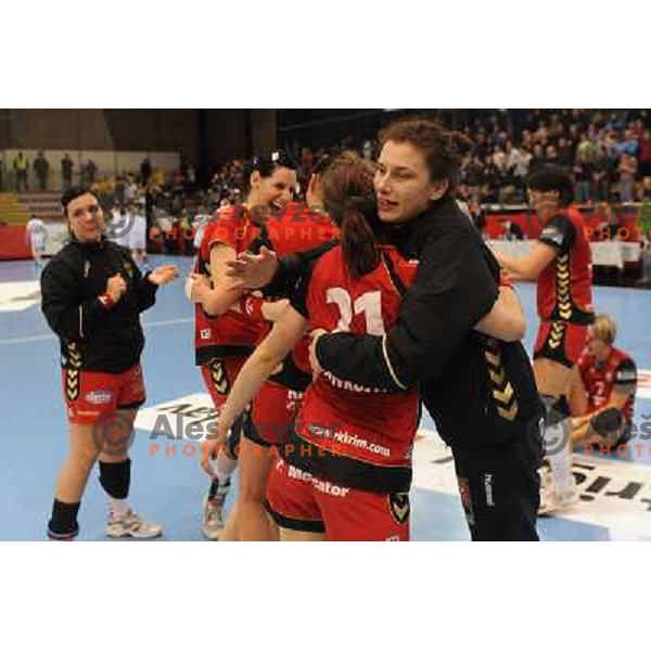 Krim players victory celebrations at handball game, Krim Mercator - HCL Leipzig, played in Champions league, Ljubljana, 13.01.2010, Krim Mercator won 32:26 