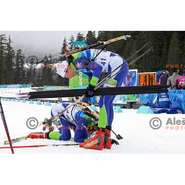 Dijana Ravnikar and Teja Gregorin (SLO) after biathlon 7.5km ladies sprint in Whistler Olympic Park , Vancouver 2010 Winter Olympic games, Canada 13.2.2010 