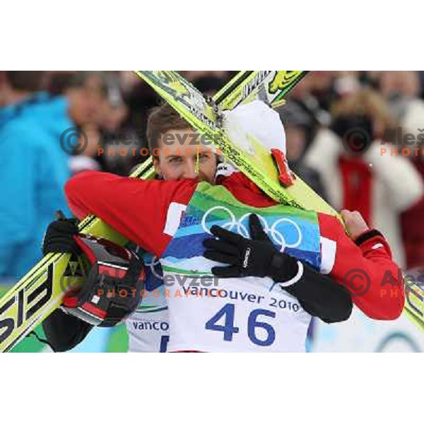 Simon Ammann (SIU) celebrates Olympic gold medal at ski jumping competition on Normal Hill in Whistler Olympic Park , Vancouver 2010 Winter Olympic games, Canada 13.2.2010 