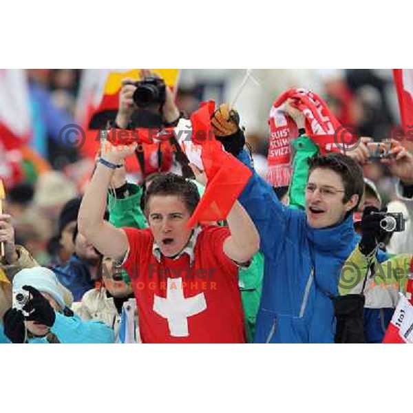 Swiss fans during ski jumping competition on Normal Hill in Whistler Olympic Park , Vancouver 2010 Winter Olympic games, Canada 13.2.2010 