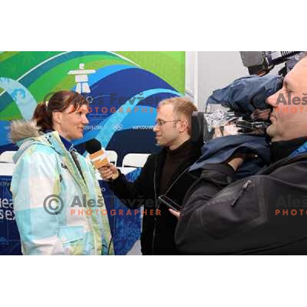 Petra Majdic talks to polish TV after press conference OKS held in Whistler Olympic Village , Vancouver 2010 Winter Olympic games, Canada 13.2.2010 