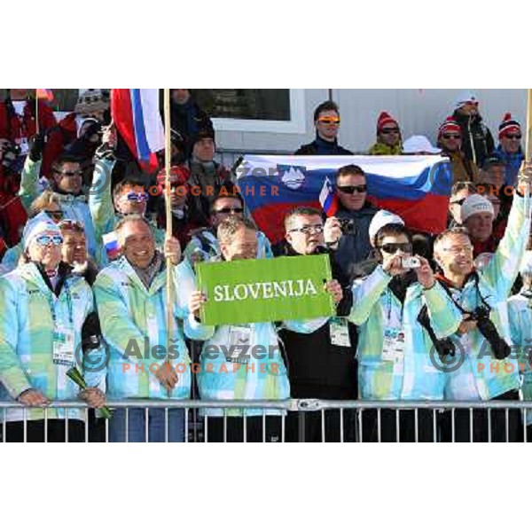 Tone Vogrinec, Damjan Pintar, Tone jagodic, Tomaz Kunstelj,Marko Rajster cheering at Ladies Individual Sprint classic in Whistler Olympic Park 17.2.2010, Vancouver 2010 Winter Olympic Games, Canada 