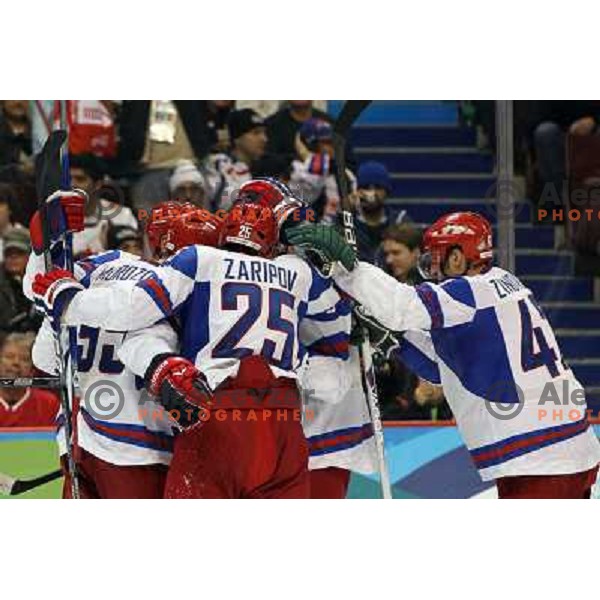 Alexei Morozov , Zaripov celebrate goal during ice-hockey match Russia- Slovakia 18.2.2010 in Preliminary round, Vancouver 2010 Winter Olympic Games, Canada 
