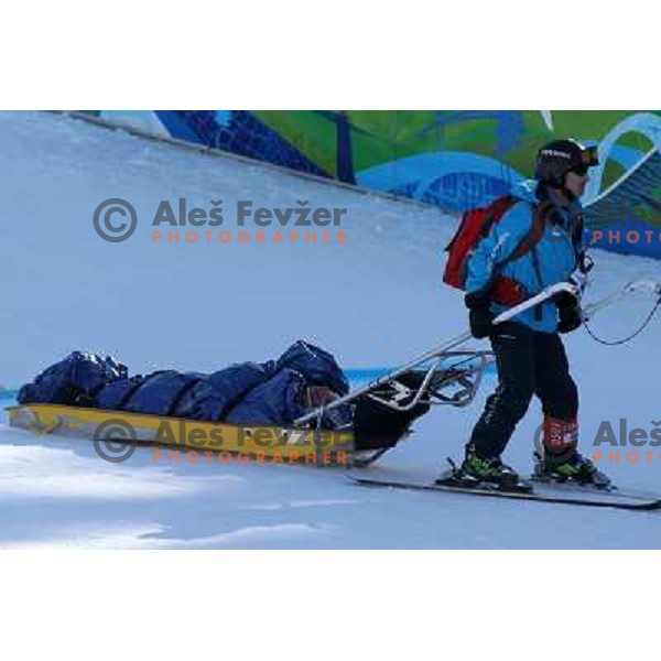 Injured Patrick Jaerbyn (SWE) after crash in Super G Men in Whistler Creekside 19.2.2010, Vancouver 2010 Winter Olympic Games, Canada 