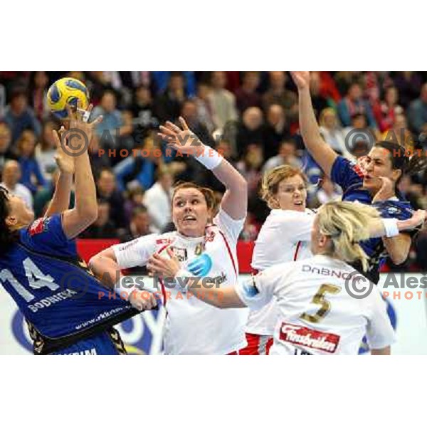 Liudmila Bodnieva and Andrea Lekic in action during handball match Krim Mercator- Larvik HK, played in Champions league, played at Kodeljevo, Ljubljana, Slovenia, 19.02.2010. 