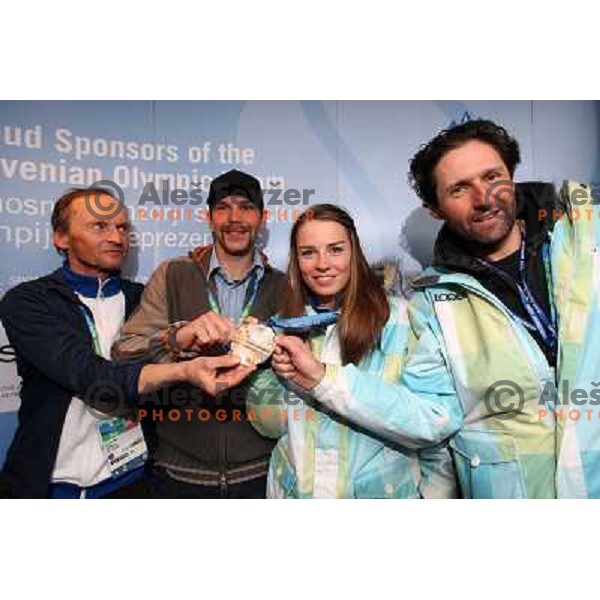 Jure Hafner, Andrej Perovsek, Tina Maze, Olympic silver medalist and Andrea Massi at Reception in Slovenia House in Whistler 20.2.2010 , Vancouver 2010 Winter Olympic Games, Canada 