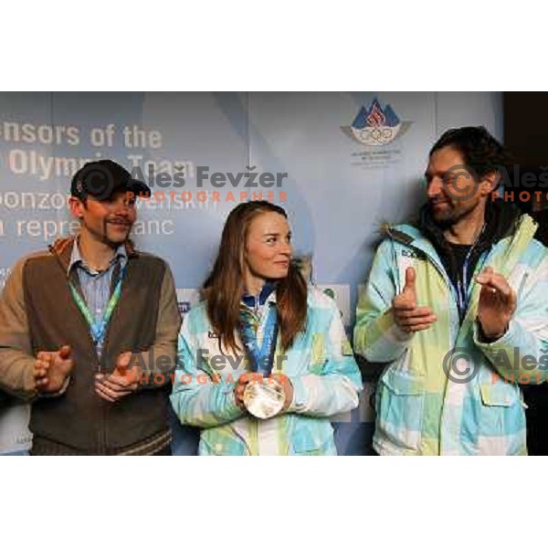 Andrej Perovsek, Tina Maze, Olympic silver medalist and Andrea Massi at Reception in Slovenia House in Whistler 20.2.2010 , Vancouver 2010 Winter Olympic Games, Canada 