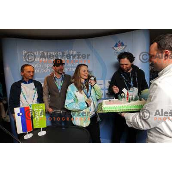 Jure Hafner, Andrej Perovsek, Tina Maze, Olympic silver medalist and Andrea Massi and Jaka Cizman at Reception in Slovenia House in Whistler 20.2.2010 , Vancouver 2010 Winter Olympic Games, Canada 