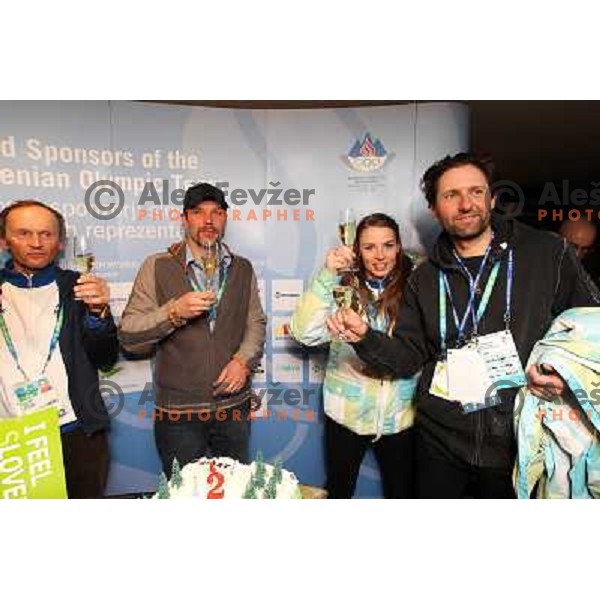 Jure Hafner, Andrej Perovsek, Tina Maze, Olympic silver medalist and Andrea Massi at Reception in Slovenia House in Whistler 20.2.2010 , Vancouver 2010 Winter Olympic Games, Canada 
