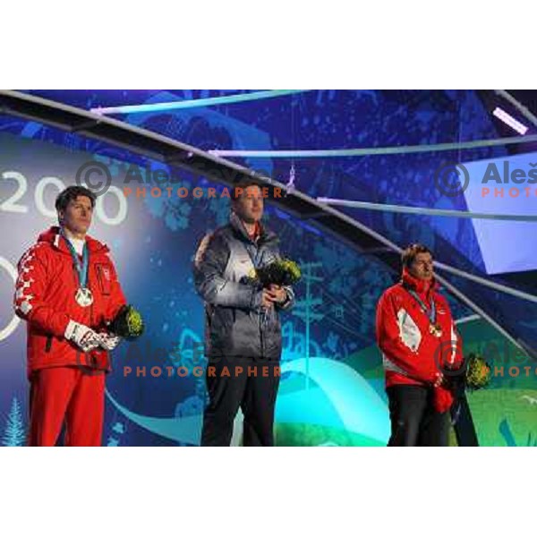 Ivica Kostelic (CRO) Olympic silver medalist , Bode Miller (USA,gold) and Silvan Zurbriggen (SUI, bronze) in Men\'s Super Combined 21.2.2010 , Vancouver 2010 Winter Olympic Games, Canada 