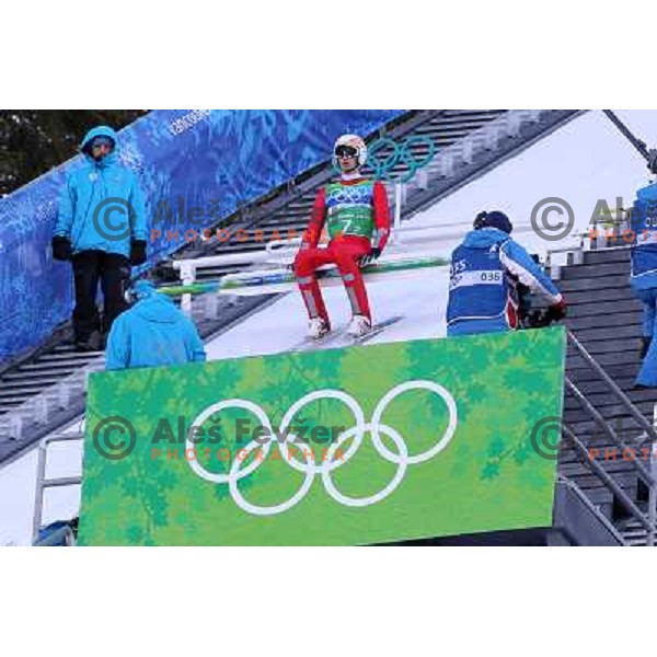 Mitja Meznar (SLO) during trial jump in team ski jumping competition at Large Hill in Whistler Olympic park 22.2.2010 , Vancouver 2010 Winter Olympic Games, Canada 