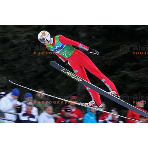 Mitja Meznar (SLO) during trial jump in team ski jumping competition at Large Hill in Whistler Olympic park 22.2.2010 , Vancouver 2010 Winter Olympic Games, Canada 