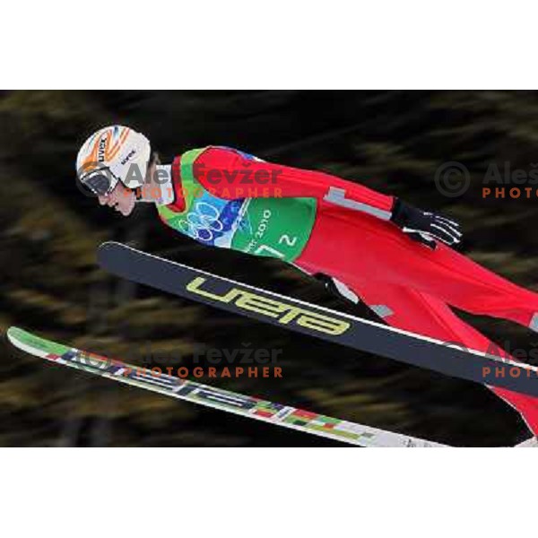 Mitja Meznar (SLO) during trial jump in team ski jumping competition at Large Hill in Whistler Olympic park 22.2.2010 , Vancouver 2010 Winter Olympic Games, Canada 