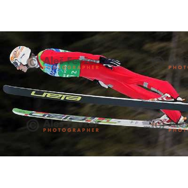 Mitja Meznar (SLO) during trial jump in team ski jumping competition at Large Hill in Whistler Olympic park 22.2.2010 , Vancouver 2010 Winter Olympic Games, Canada 