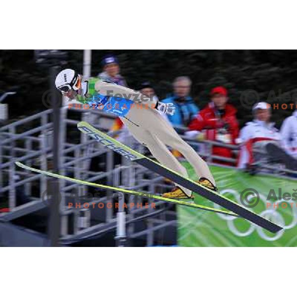 Michael Urhmann (GER) during trial jump in team ski jumping competition at Large Hill in Whistler Olympic park 22.2.2010 , Vancouver 2010 Winter Olympic Games, Canada 