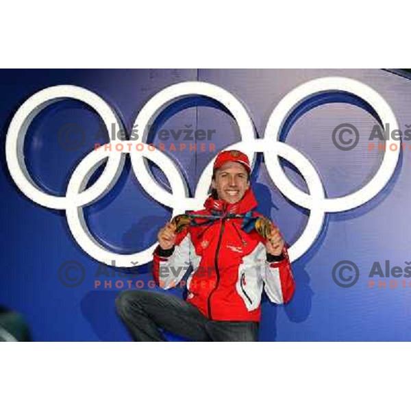 Simon Ammann (SUI) showing two gold medals from ski jumping competition at Normal and Large Hill in Whistler Olympic park during Vancouver 2010 Winter Olympic Games, Canada 