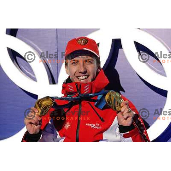 Simon Ammann (SUI) showing two gold medals from ski jumping competition at Normal and Large Hill in Whistler Olympic park during Vancouver 2010 Winter Olympic Games, Canada 