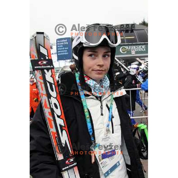 Tina Maze (SLO) at bottom station of Creekside Gondola after second run of Women\'s Giant Slalom in Whislter Creekside 24.2.2010 was canceled due to fog on the course , Vancouver 2010 Winter Olympic Games, Canada 