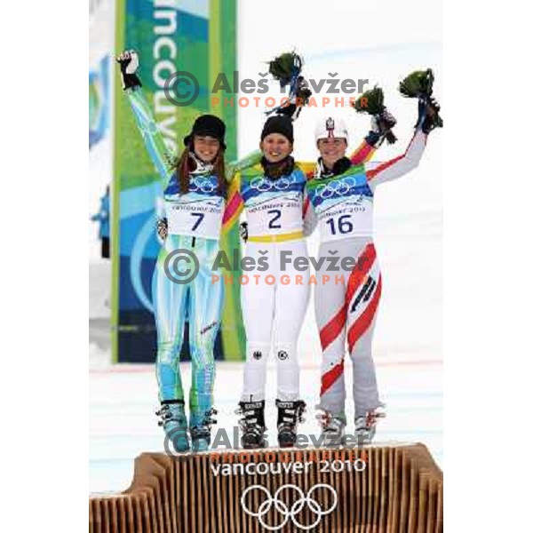 Elisabeth Goergl (AUT) , Viktoria Rebensburg (GER) Olympic gold medalist and Tina Maze (SLO) Olympic silver medalist in Women\'s Giant Slalom in Whislter Creekside 25.2.2010 , Vancouver 2010 Winter Olympic Games, Canada 