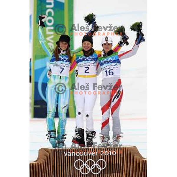 Elisabeth Goergl (AUT) , Viktoria Rebensburg (GER) Olympic gold medalist and Tina Maze (SLO) Olympic silver medalist in Women\'s Giant Slalom in Whislter Creekside 25.2.2010 , Vancouver 2010 Winter Olympic Games, Canada 