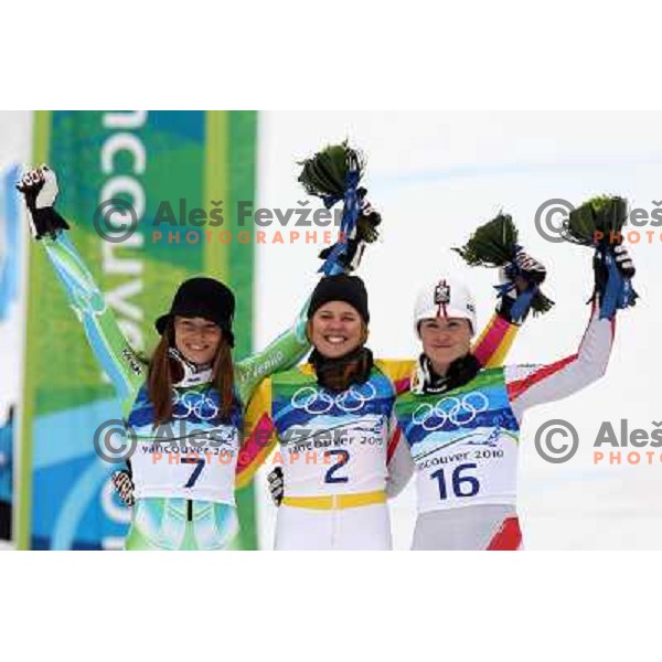 Elisabeth Goergl (AUT) , Viktoria Rebensburg (GER) Olympic gold medalist and Tina Maze (SLO) Olympic silver medalist in Women\'s Giant Slalom in Whislter Creekside 25.2.2010 , Vancouver 2010 Winter Olympic Games, Canada 