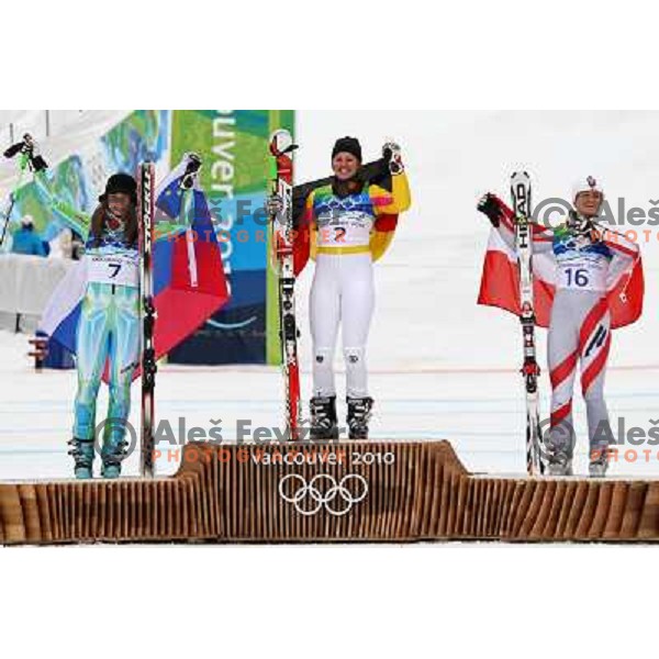 Elisabeth Goergl (AUT) , Viktoria Rebensburg (GER) Olympic gold medalist and Tina Maze (SLO) Olympic silver medalist in Women\'s Giant Slalom in Whislter Creekside 25.2.2010 , Vancouver 2010 Winter Olympic Games, Canada 