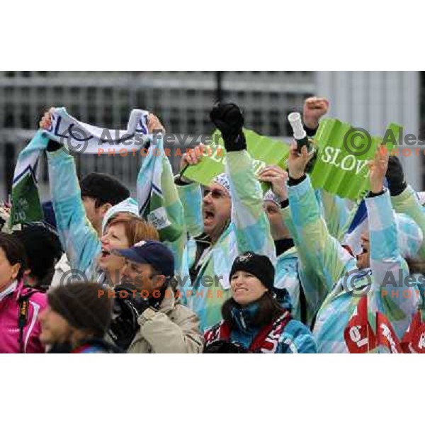 Slovenia fans cheering during Women\'s Giant Slalom in Whislter Creekside 25.2.2010 , Vancouver 2010 Winter Olympic Games, Canada 