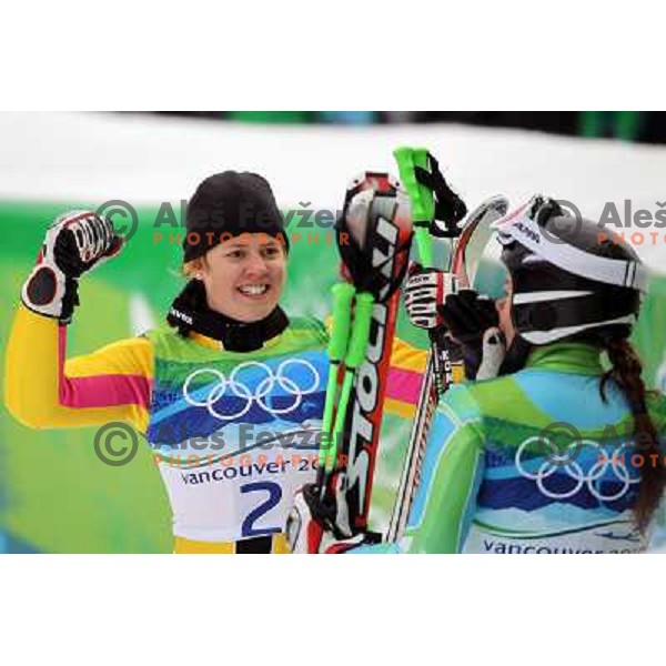 Viktoria Rebensburg (GER) Olympic gold medalist and Tina Maze (SLO) Olympic silver medalist in Women\'s Giant Slalom in Whislter Creekside 25.2.2010 , Vancouver 2010 Winter Olympic Games, Canada 