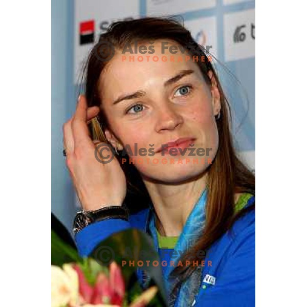 Tina Maze, two times silver medalist in Alpine skiing from Winter Olympic Games in Vancouver during reception at Airport Joze Pucnik, Brnik, Slovenia 28.2.2010 