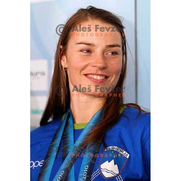 Tina Maze, two times silver medalist in Alpine skiing from Winter Olympic Games in Vancouver during reception at Airport Joze Pucnik, Brnik, Slovenia 28.2.2010 