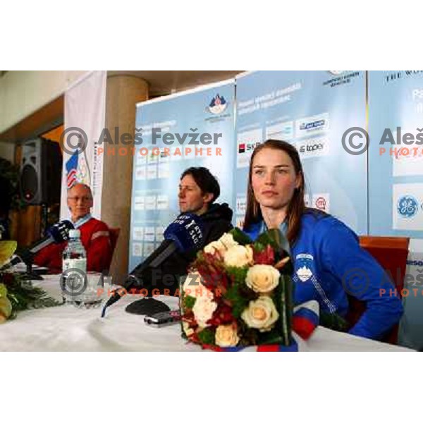 Miro Cerar, Andrea Massi and Tina Maze, two times silver medalist in Alpine skiing from Winter Olympic Games in Vancouver during reception at Airport Joze Pucnik, Brnik, Slovenia 28.2.2010 