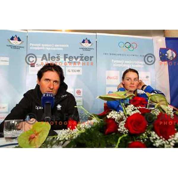 Andrea Massi and Tina Maze, two times silver medalist in Alpine skiing from Winter Olympic Games in Vancouver during reception at Airport Joze Pucnik, Brnik, Slovenia 28.2.2010 