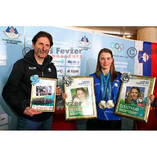 Andrea Massi and Tina Maze, two times silver medalist in Alpine skiing from Winter Olympic Games in Vancouver during reception at Airport Joze Pucnik, Brnik, Slovenia 28.2.2010 