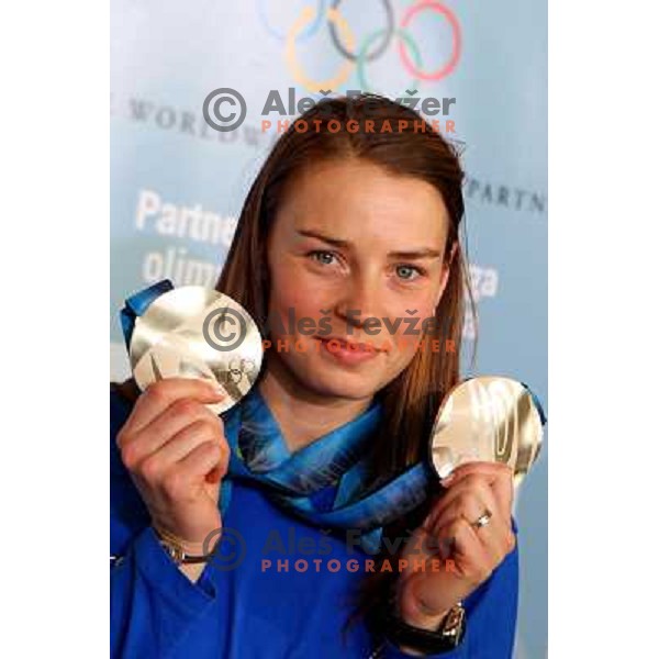 Tina Maze, two times silver medalist in Alpine skiing from Winter Olympic Games in Vancouver during reception at Airport Joze Pucnik, Brnik, Slovenia 28.2.2010 
