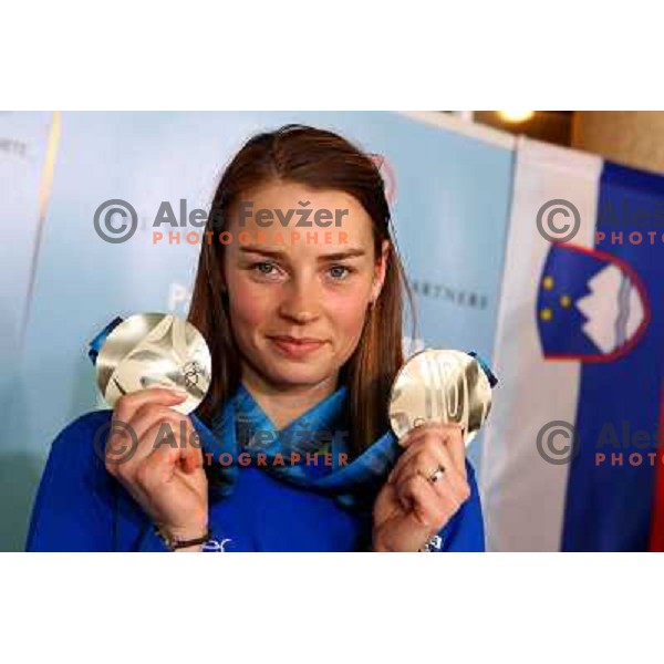 Tina Maze, two times silver medalist in Alpine skiing from Winter Olympic Games in Vancouver during reception at Airport Joze Pucnik, Brnik, Slovenia 28.2.2010 