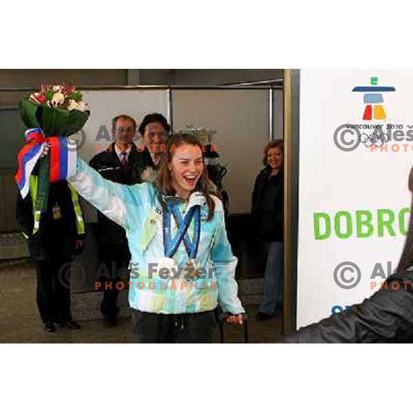 Tina Maze, two times silver medalist in Alpine skiing from Winter Olympic Games in Vancouver during reception at Airport Joze Pucnik, Brnik, Slovenia 28.2.2010 