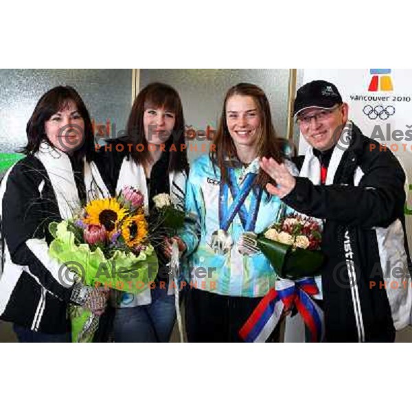 Tina Maze, two times silver medalist in Alpine skiing from Winter Olympic Games in Vancouver during reception at Airport Joze Pucnik, Brnik, Slovenia 28.2.2010 