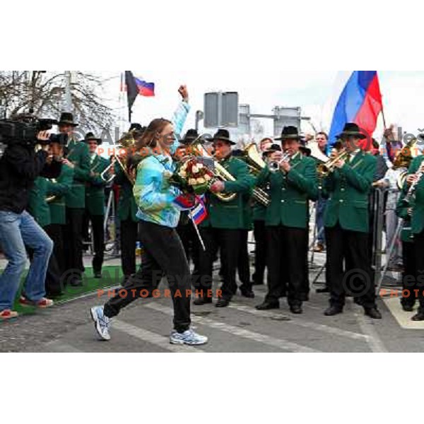 Tina Maze, two times silver medalist in Alpine skiing from Winter Olympic Games in Vancouver during reception at Airport Joze Pucnik, Brnik, Slovenia 28.2.2010 