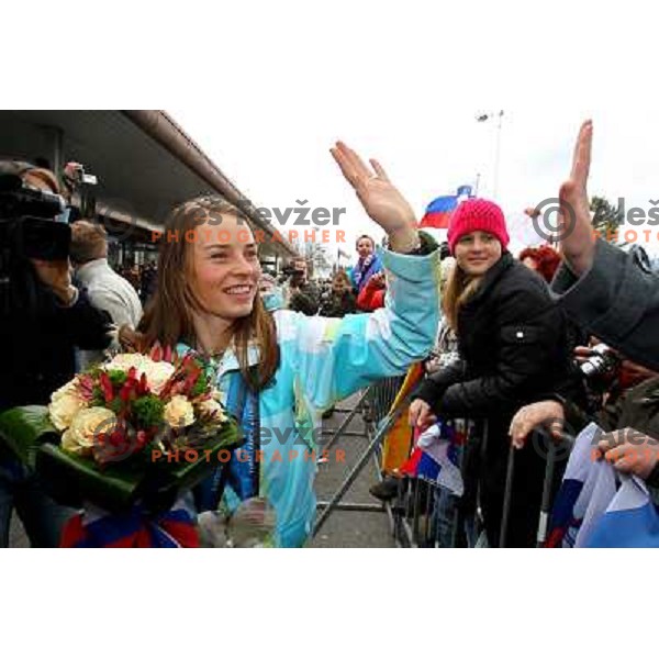 Tina Maze, two times silver medalist in Alpine skiing from Winter Olympic Games in Vancouver during reception at Airport Joze Pucnik, Brnik, Slovenia 28.2.2010 