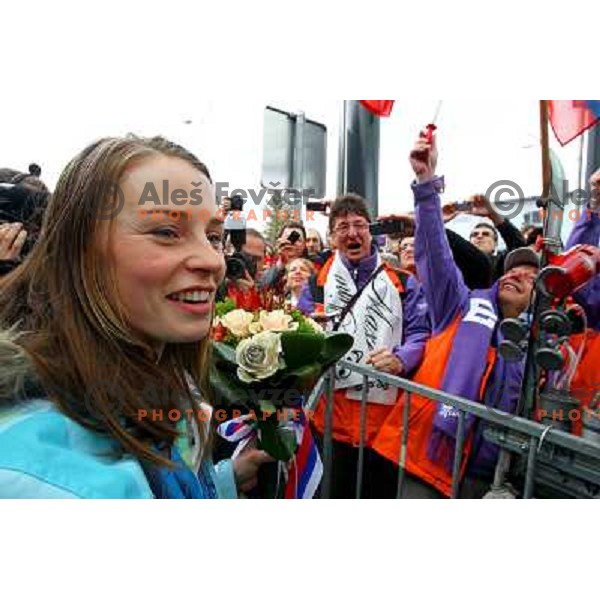 Tina Maze, two times silver medalist in Alpine skiing from Winter Olympic Games in Vancouver during reception at Airport Joze Pucnik, Brnik, Slovenia 28.2.2010 