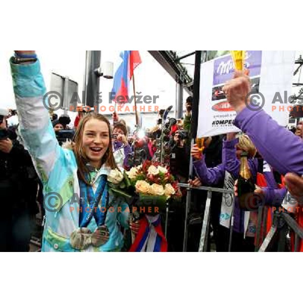 Tina Maze, two times silver medalist in Alpine skiing from Winter Olympic Games in Vancouver during reception at Airport Joze Pucnik, Brnik, Slovenia 28.2.2010 