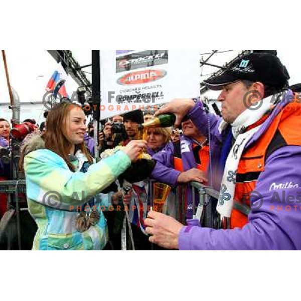 Tina Maze, two times silver medalist in Alpine skiing from Winter Olympic Games in Vancouver during reception at Airport Joze Pucnik, Brnik, Slovenia 28.2.2010 