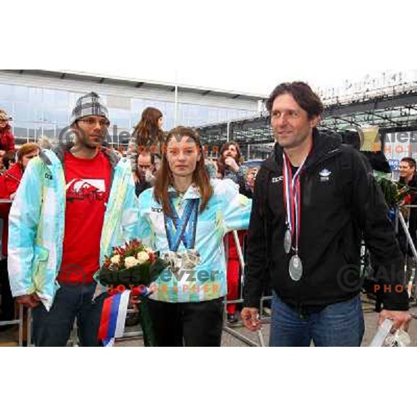Tina Maze, two times silver medalist in Alpine skiing from Winter Olympic Games in Vancouver, and Andrea Massi during reception at Airport Joze Pucnik, Brnik, Slovenia 28.2.2010 