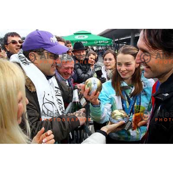 Tina Maze, two times silver medalist in Alpine skiing from Winter Olympic Games in Vancouver, and Andrea Massi during reception at Airport Joze Pucnik, Brnik, Slovenia 28.2.2010 