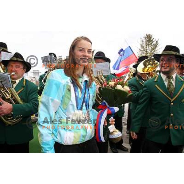 Tina Maze, two times silver medalist in Alpine skiing from Winter Olympic Games in Vancouver during reception at Airport Joze Pucnik, Brnik, Slovenia 28.2.2010 