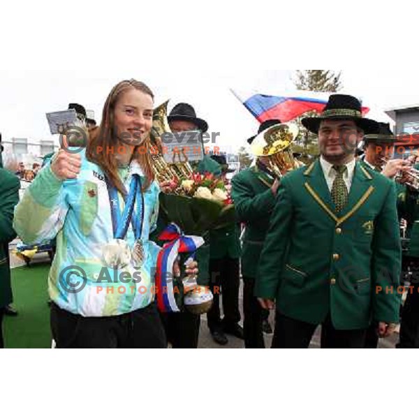 Tina Maze, two times silver medalist in Alpine skiing from Winter Olympic Games in Vancouver during reception at Airport Joze Pucnik, Brnik, Slovenia 28.2.2010 