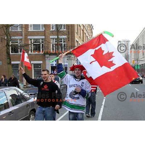 Celebration parade in downtown Vancouver after Canada Ice hockey team beat USA and won gold medal 28.2.2010, Vancouver 2010 Winter Olympic Games, Canada 